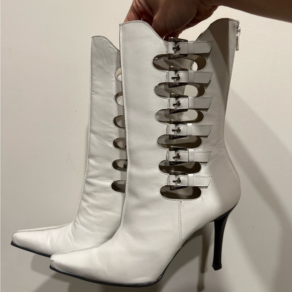 Stuart Weitzman Shoes - Stuart Weitzman White Leather Strappy Pointed-Toe Heeled Boots